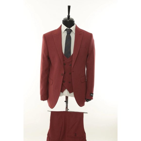 Derman Burgundy Patterned Fabric Luxury Suit 3 Pieces